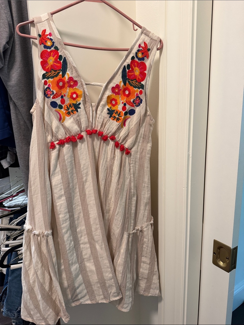 THML Embroidered V-Neck Floral Cotton Dress in Cream